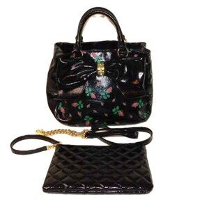 Betsey Johnson Black Floral Satchel Handbag Purse Comes W/ Wristlet Make Up Bag